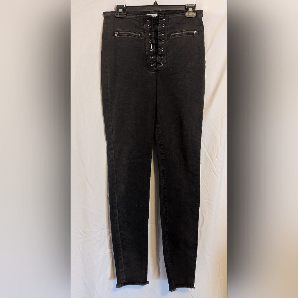 Womens black lace up Gothic, Punk slim jeans. Sz. 9
